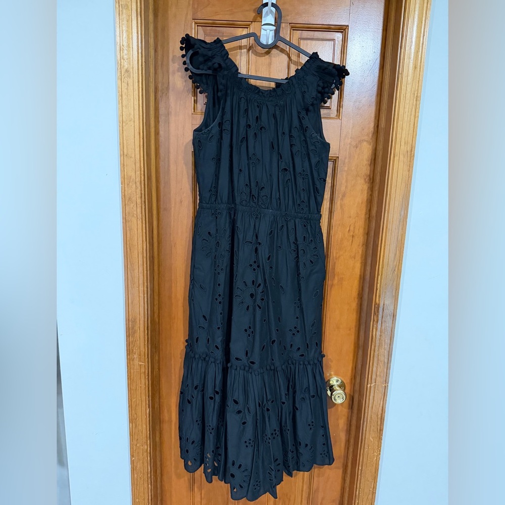J. Crew Black Eyelet Midi Dress with Ruffle Shoulders